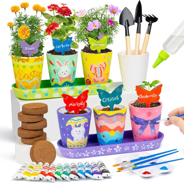 RGBDOT Kids Gardening Set Paint and Plant Stoneware Flower Growing Kit with 6