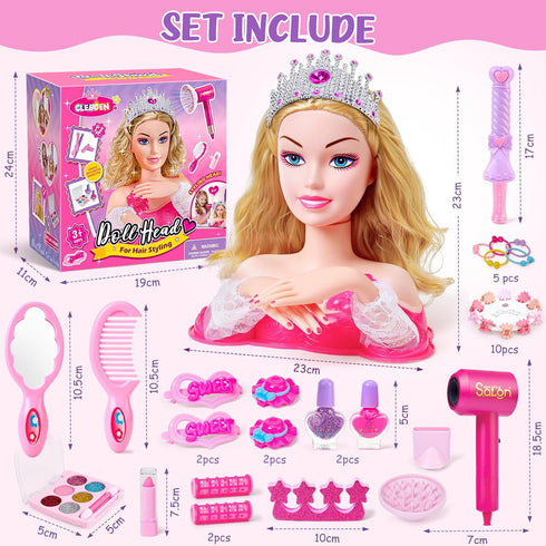 Cleboen Playset 3 4 5 6 7 8+ Hair Styling Doll Head Makeup Kit for Girls Toys - Kids Hair Salon Pretend with Hairdryer