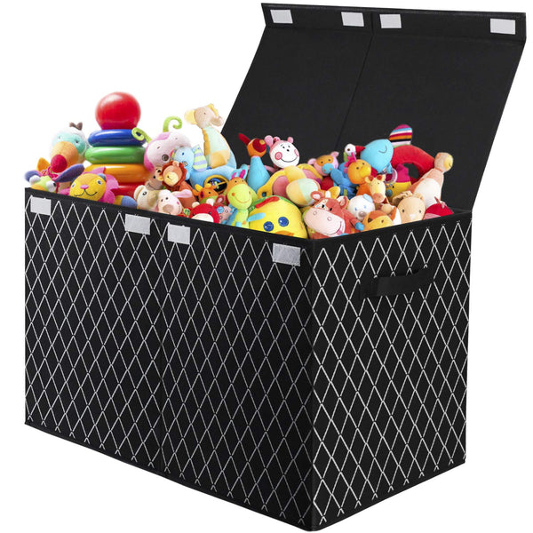 Toy Chest Box Storage Bins for Kids, Large Collapsible Organizer with Fabric Flip-Top Lid & Handles, Black 24.5x13x16