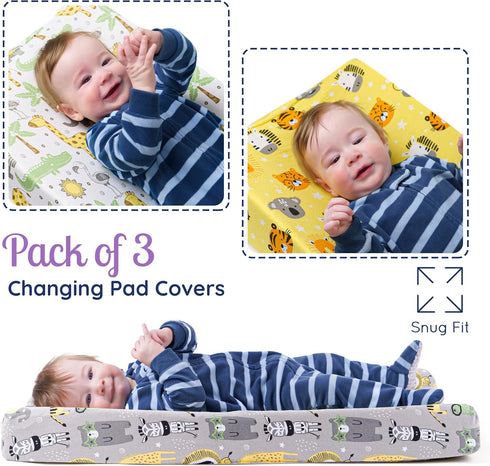 Grow Wild 3 Pack 3 Pack Crib Sheets and Changing Pad Covers Bundle - Soft & Stretchy Jersey Cotton - Safari Animals