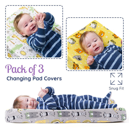 GROW WILD 3 Pack Changing Pad Covers - Soft Stretchy Jersey Cotton for Baby Changing Table, Diaper Covers (Animals &