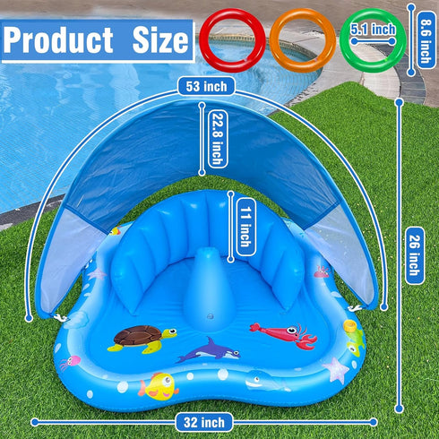 Swimming iGeeKid Baby Play Mat with Sprinkler, Inflatable Baby Pool Float with Canopy Backrest & Stackable Rings Water