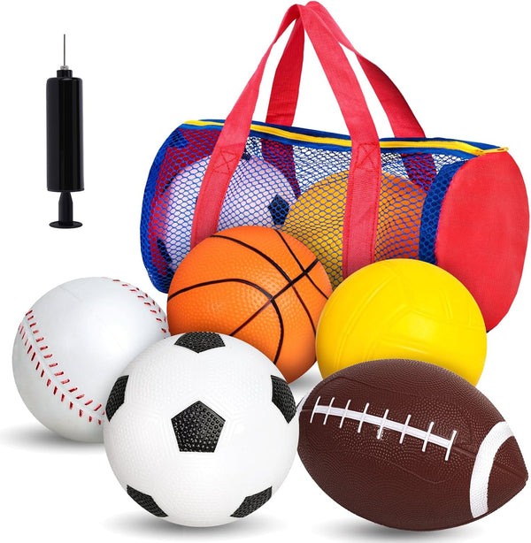 LovesTown 5PCS Sports Balls with Pump, 4" Inflatable Playground Balls with Duffle Bag for Toddlers Kids