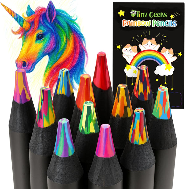 TinyGeeks 12 Rainbow Colored Pencils - Rainbow Crayons - Multi Colored Pencils