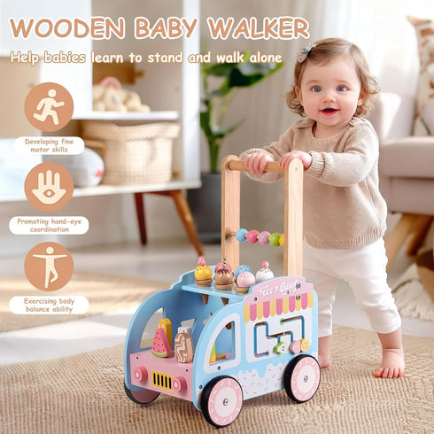 Embosomitr 6-12 Wooden Baby Walker for Babies Month, Ice Cream Cart Toys for Kids, Push Along Walker for Girls Boys
