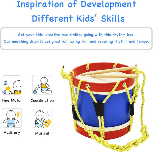 8 Inch Set 2 MUSICUBE Kids Drum with Adjustable Strap and Wooden Drum Sticks - Musical Instrument Gift Choice