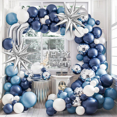 Blue Silver Balloon Arch Kit, Navy Blue Silver White Balloon Garland with Metallic Light blue silver Balloons Star Foil