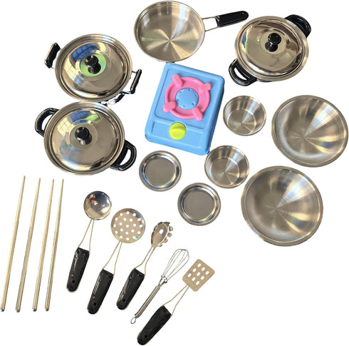 MAGIKON Miniature Toy 17-Piece Stainless Steel Pots and Pans Set , Pretend Play