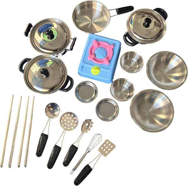 MAGIKON Miniature Toy 17-Piece Stainless Steel Pots and Pans Set , Pretend Play