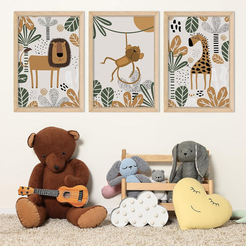 YWJKWLGS Set 3, 16x24 Inch Boho Safari Nursery Wall Art of Natural Solid Wood Framed Animal Print, Giraffe Monkey Lion