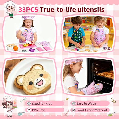 Set, Set, Kids Cooking and Baking Chef Apron Chef Hat Accessories Complete Cooking Dress Up Pretend Play Career Role