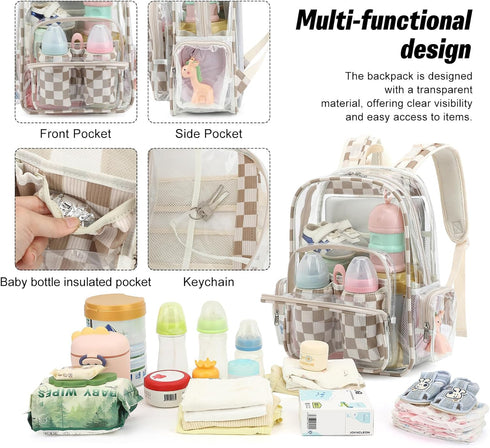 Dezcrab Backpack Clear Baby Diaper Bag for Mom, Large Capacity Travel Nappy Bag for Boys & Girls with Stroller Straps