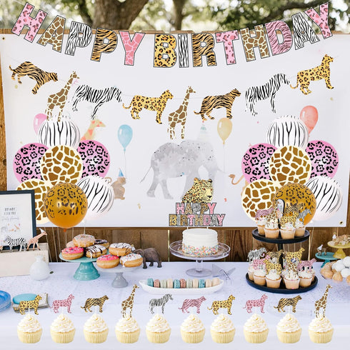 Funmemoir Pink Cheetah Birthday Decorations for Girls, Jungle Safari Theme Party with Happy Banner and Toppers
