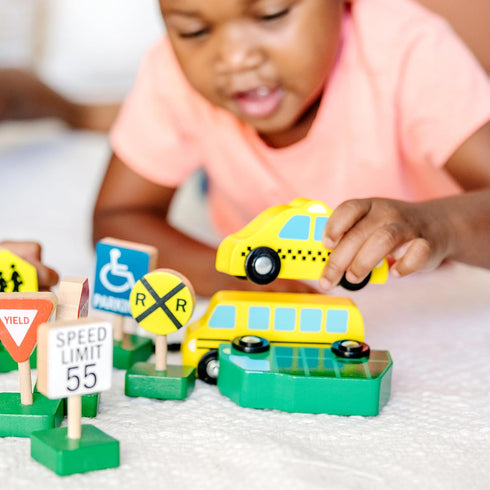 Melissa & Doug 6 Cars and 9 Traffic Signs Wooden Vehicles Set