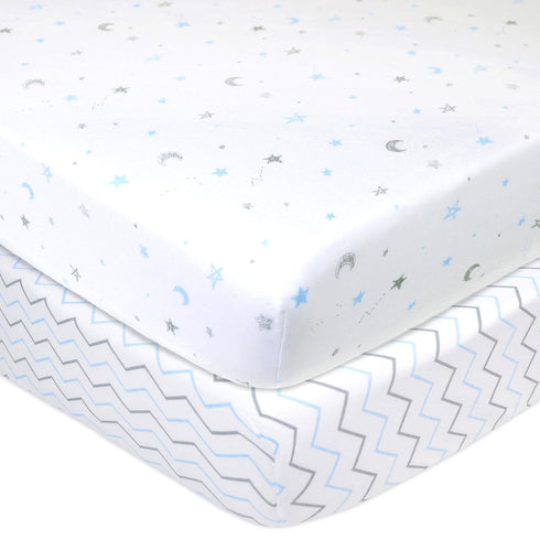 American Baby Company 2 Pack Fitted Crib Sheets, Soft Breathable 100% Cotton Jersey, Blue Star/Blue Zigzag