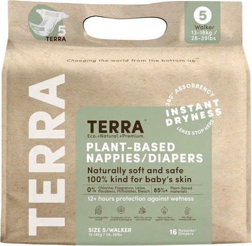 Terra Diapers Size 5: 85% Plant-Based Diapers, Ultra-Soft & Chemical-Free for Sensitive