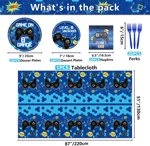 81 Pcs 8th Birthday Decorations for Boys, Level 8 Video Game Party Supplies, Serves 20
