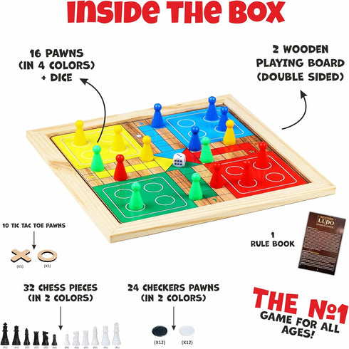 5-in-1 Set 2 Ankit Toys & Games Wooden Board Game Includes Ludo, Snakes & Ladders, Chess, Checkers, and Tic Tac Toe.