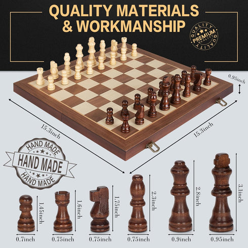 Jumlys Set, 15" 2 Set Magnetic Wooden Chess Folding Chess Board with Extra Queens, Portable Travel Chess with Pieces