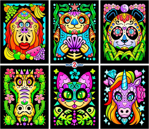 Stuff2Color Amazing Animals, 6 Pack Fuzzy Black Velvet Coloring Posters for Kids and Group Activities