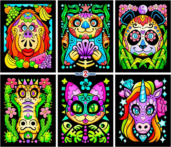 Stuff2Color Amazing Animals, 6 Pack Fuzzy Black Velvet Coloring Posters for Kids and Group Activities