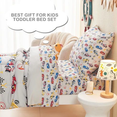4 Set Sets Mooreeke Pieces Toddler Bedding - Soft Race Cars Toddler Comforter for Girls, Includes Quilted Comforter