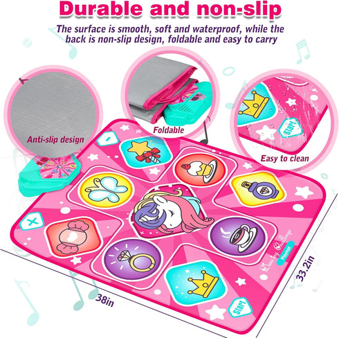 5 3-10 Kusntin Dance Mat, Dance Mixer Rhythm Step Play Mat, Pink Dance Pad with LED Lights, Adjustable Volume, Built