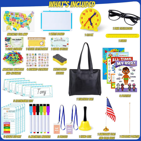 Gifts2U Sets Pretend Play School for Kids - With Teacher Bag, Whiteboard, Learning Clock, Educational Posters