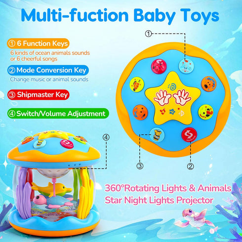 0-6 Tummy 0-3 4 5 6 7 8 9 6-12 1 2 Baby Toys Months Ocean Rotating Projector Musical Light Up Time Toys for Infants