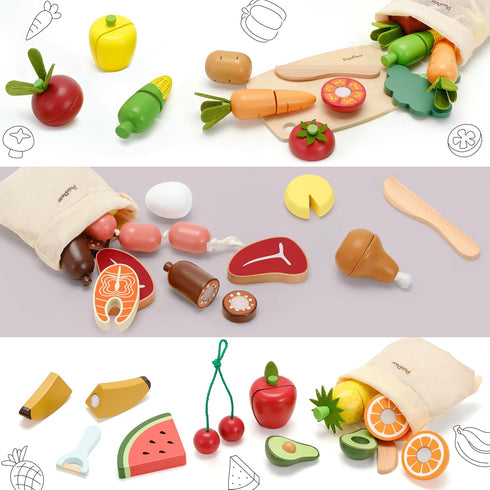 Sets Set 3+ PairPear Wooden Toys Play Food for Kids Kitchen, Kids Toy Food Cutting Meat for Toddlers Years Old, Pretend