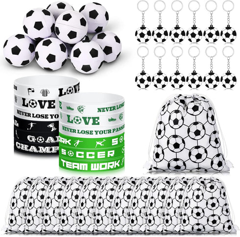 48 Pcs Soccer Party Favors Supplies, 12 Soccer Silicone Bracelets, 12 Drawstring Treat Bags, 12 Mini Stress Balls, 12
