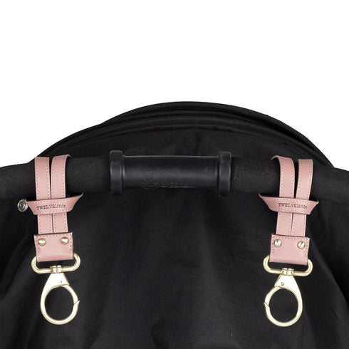 TWELVElittle Stroller Clips 2.0, Non Slip Vegan Leather Diaper Bag Straps, Pink