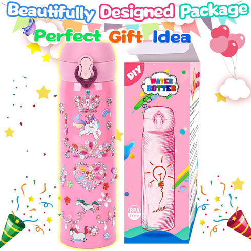 YOFUN Decorate Your Own Water Bottle, 11 Sheets of Unicorn Stickers & Glitter Gems, Craft Kit for Children, Pink