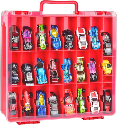 ALCYON Double Sided Toy Storage Organizer Case for Hot Wheels, Matchbox Cars, Mini Toys, 48 Compartments - Red