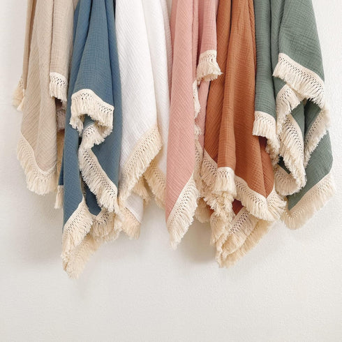 Muslin Cotton Baby Receiving Blanket with Fringe, Boho Bohemian Tassels, Nursery Decor, Boy or Girl Unisex Swaddle