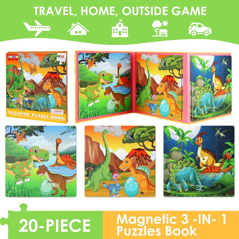 Magnetic Puzzles for Kids Ages 4-6, 20-Piece Travel Dinosaur Toddler Puzzles, Educational Learning Magnets for Road