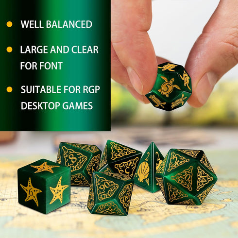 LUCKY-M Turtle DND Dice Set - 7PCS Cat Eye Stone D&D Dice for RPG and MTG Accessories (PC-Green)