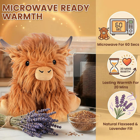 SuzziPals Heatable & Coolable Highland Cow Weighted Stuffed Animals, Microwavable Stuffed Animals Heating Pad