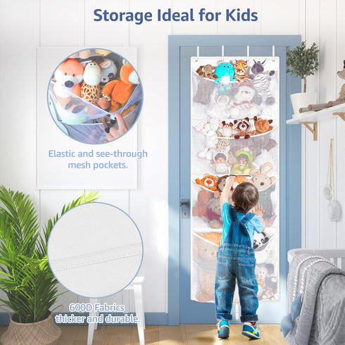 Hanging Stuffed Animal Storage, Over Door Large Plush Toy Organizer with Metal Hook, Baby Accessory Holder for Nursery