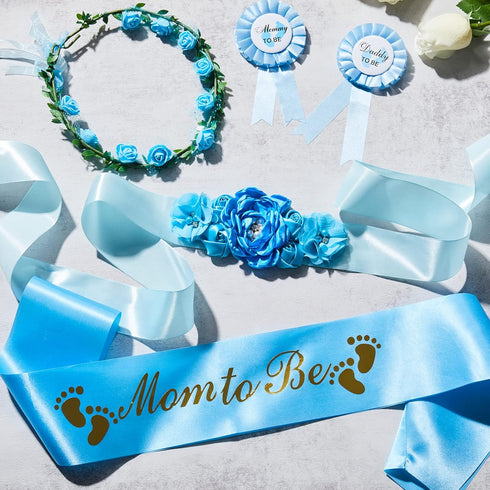 Xinnun Baby Shower Maternity Sash Kit - 5 Pcs Blue Shoulder Sash, Daddy Corsages, Flower Crown, Rose Wreath Headdress