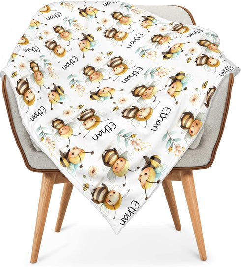Novusopt Custom Blanket with Name,Personalized Bee Swaddle Blanket Baby Boy Girl Receiving Blankets Neutral Gift
