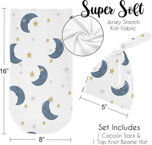 Set Sweet Jojo Designs Moon Star Baby Boy Girl Cocoon and Beanie Hat Jersey Stretch Knit Sleeping Bag Infant Newborn