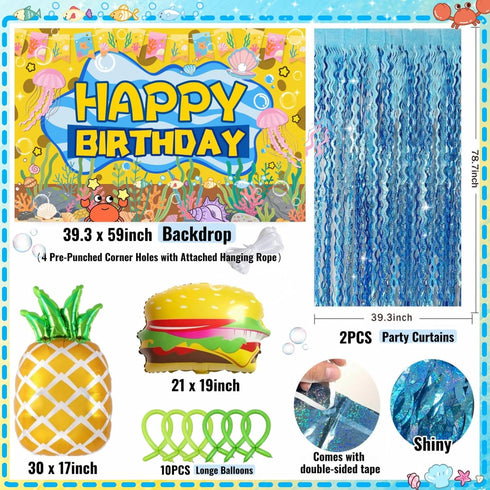Daidle 153Pcs Setup Sponge Birthday Decorations Kit - Under the Sea Party Supplies with Balloon Arch, Backdrop & Video