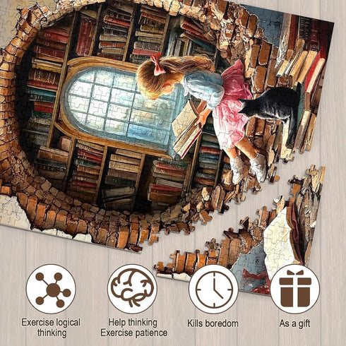 500 Vintage Book Jigsaw Puzzles Pieces for Adults Bookshelf Jigsaw Puzzles Readers and Cat Book Wooden Puzzle