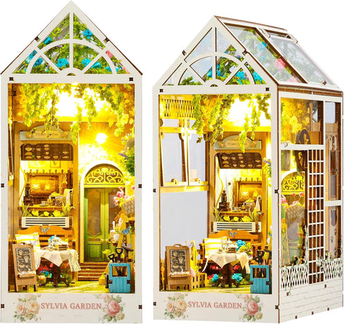 DIY Book Nook Kit, 3D Wooden Puzzle Bookshelf Insert Decor with LED Light, Miniature Dollhouse Kit for Teens and Adults