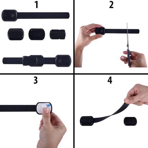 Child Proof Safety Locks - Baby Proofing Cabinet Lock with Adjustable Strap Latches, 6 Extra 3M Adhesives, Black