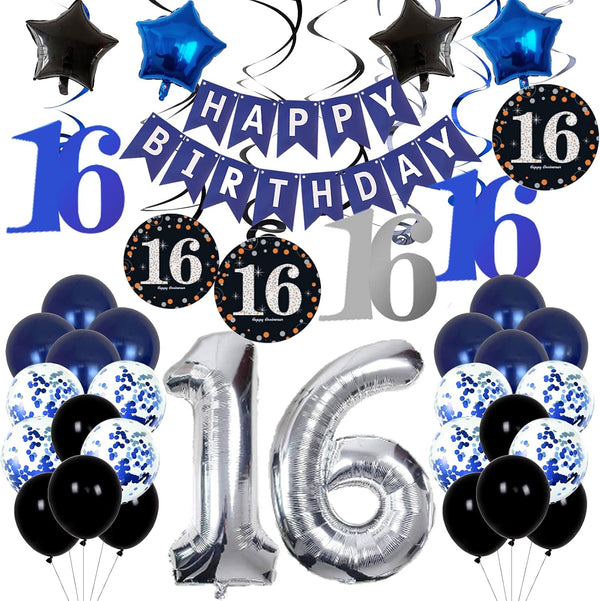 16th Birthday Decorations for Boys and Girls, Dark Blue HAPPY BIRTHDAY Banner, Silver Number 16 Balloons