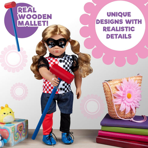 Harley Quinn Inspired Doll Outfit (7pc Set) - Super Hero Clothes for American Girl Doll - Gift Set for Girls