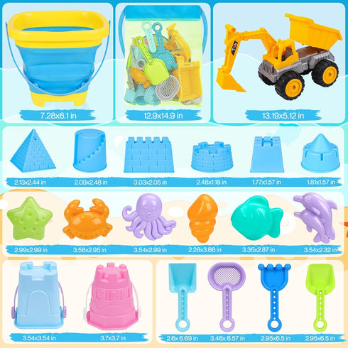 FHOZGECY 2 1 4-8 Beach Toys, Sand Toys for Kids Boys and Girls with in Construction Vehicles, Collapsible Bucket, Sand
