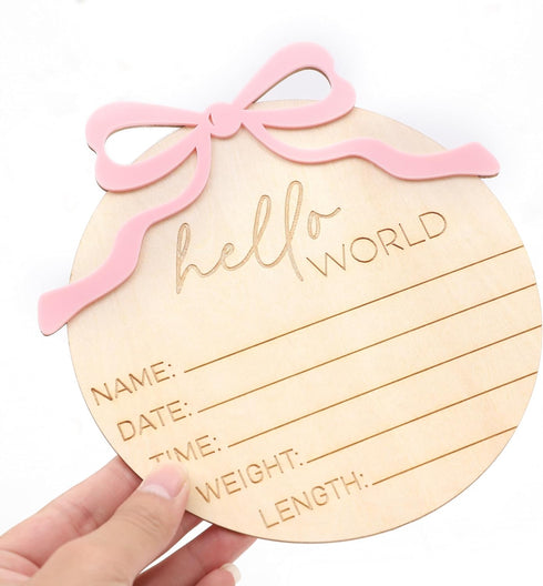 WAUAO Hello World Bow Wooden Baby Announcement Sign - Baby Girl Birth Announcement,Personalized Baby Name Sign,Bow